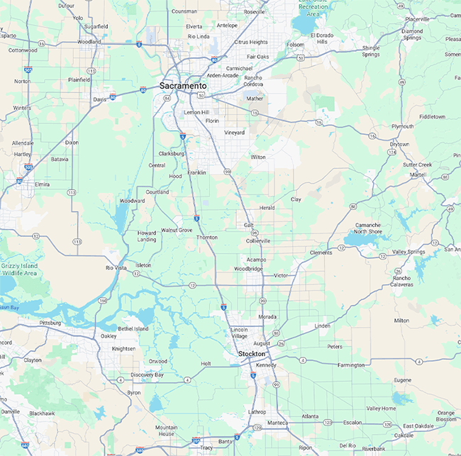 Service area map for septic and construction services in Elk Grove and surrounding communities Map showing septic and construction service areas in Elk Grove, California