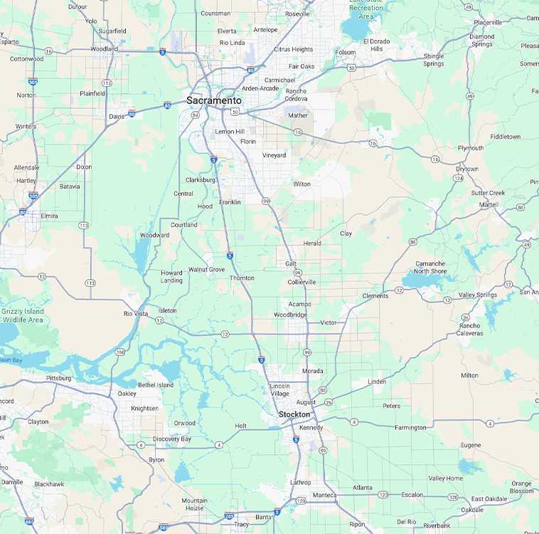 Service area map for septic and construction services in Elk Grove and surrounding communities Map showing septic and construction service areas in Elk Grove, California